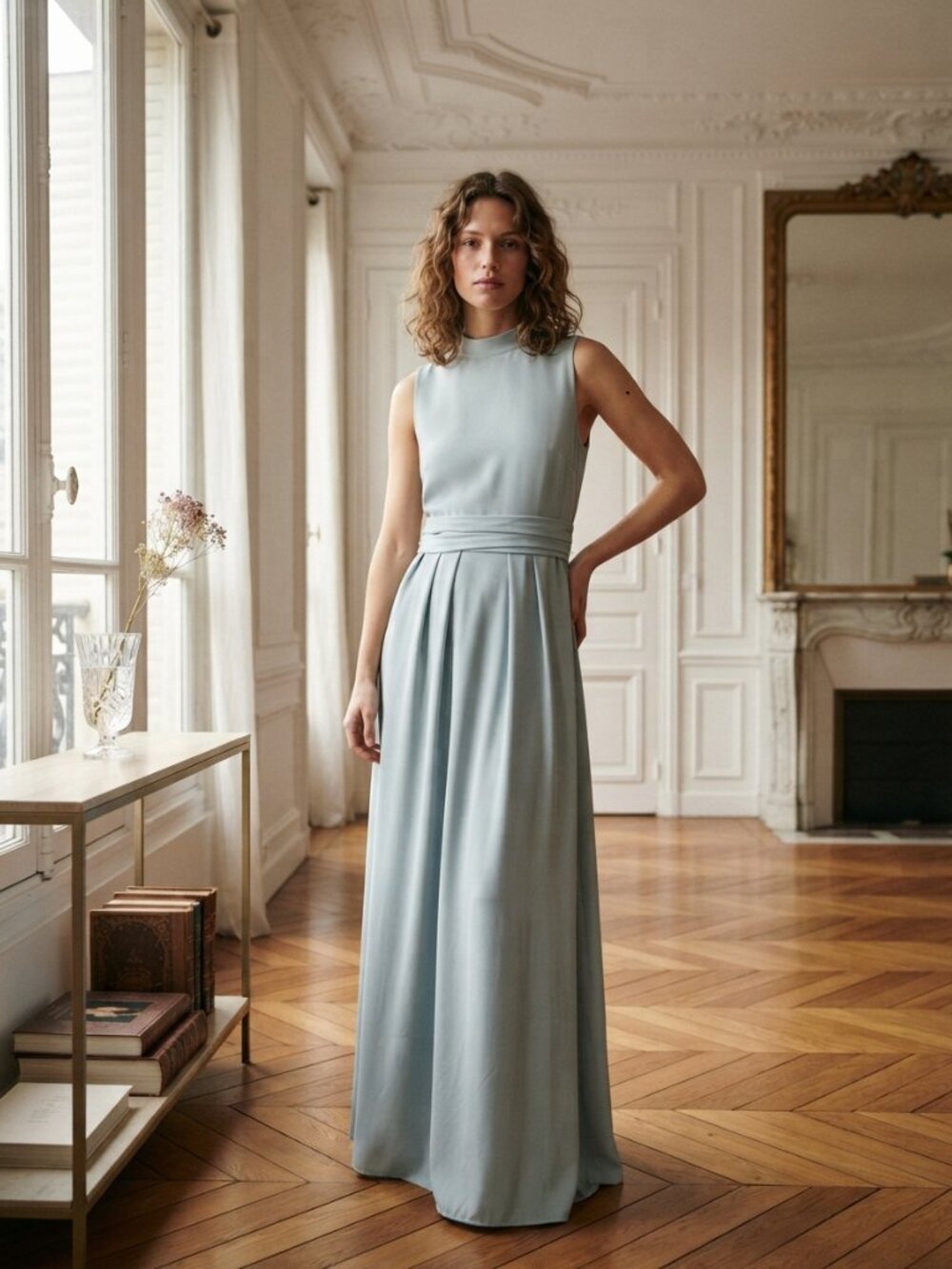 HALARA Stand Collar Sleeveless Flare Maxi Dress in Light Blue Size Large